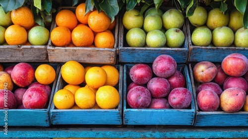 Fresh fruit display at a local market featuring oranges, apples, and pears in colorful wooden crates during daylight