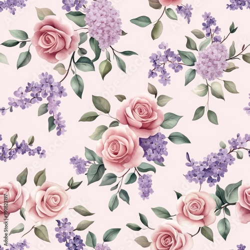 A beautiful floral pattern featuring pink roses and purple lilacs on a soft cream background, perfect for wallpaper or fabric design.