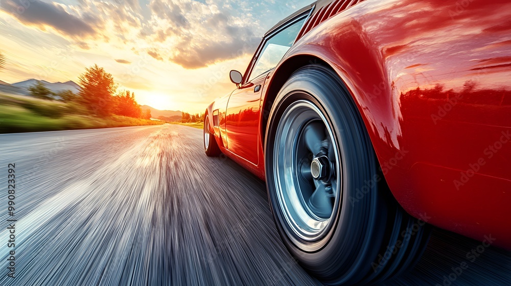 Dynamic shot of a red sports car speeding down a scenic road at sunset. Dynamic shot of a red sports car speeding down a scenic road at sunset.