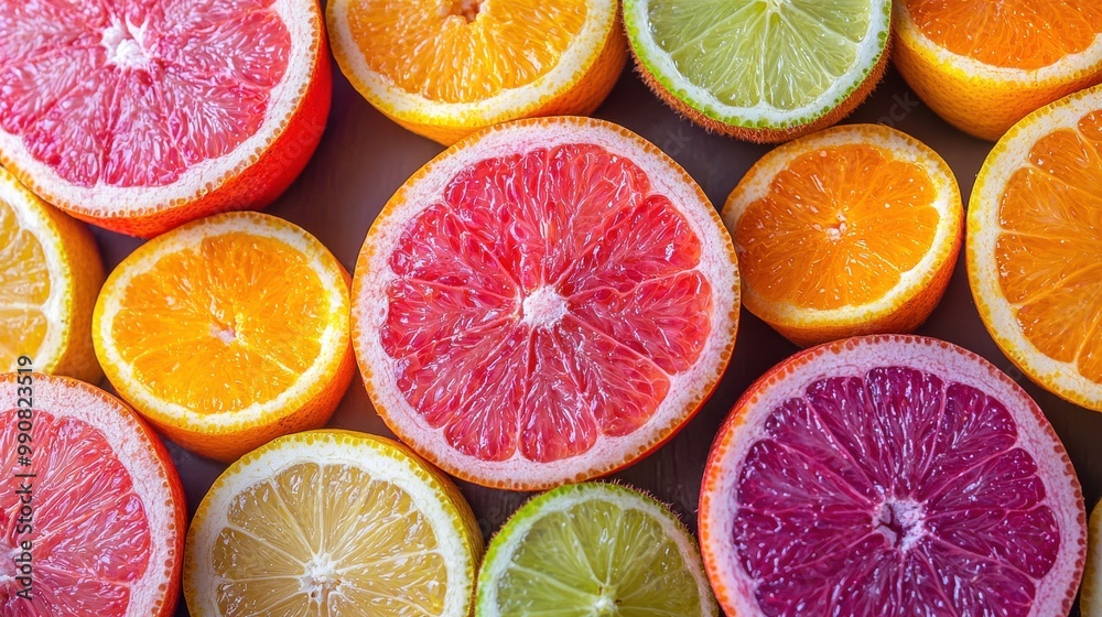 Fototapeta premium Colorful citrus fruits arranged beautifully on a wooden surface, showcasing vibrant shades and textures in the morning light