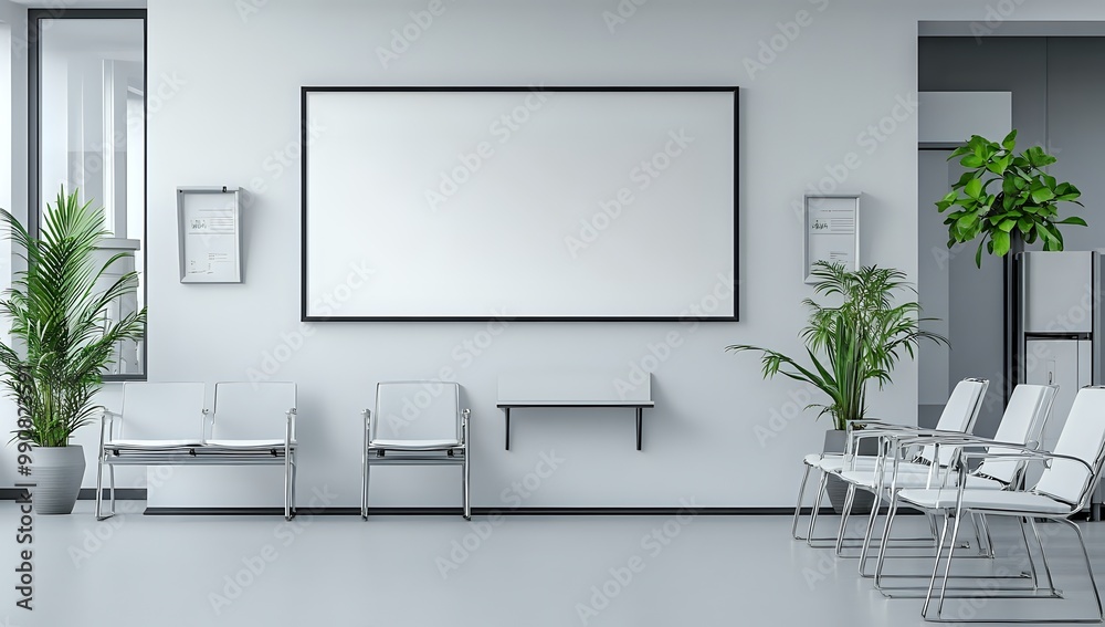Fototapeta premium Modern waiting area with a large blank frame for your design.