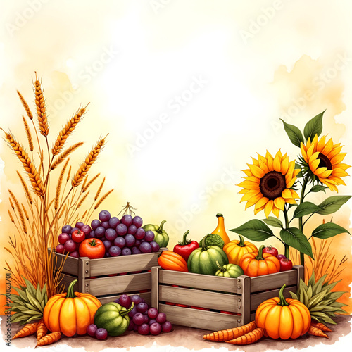 a picture of a garden with a wooden crate of fruit and vegetables