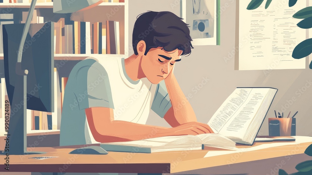 A man slouched over a book at his desk, tired eyes staring at the pages. A logo-free computer and minimalist room enhance the sense of hopelessness. A man slouched over a book at his desk, tired eyes staring at the pages. A logo-free computer and minimalist room enhance the sense of hopelessness.