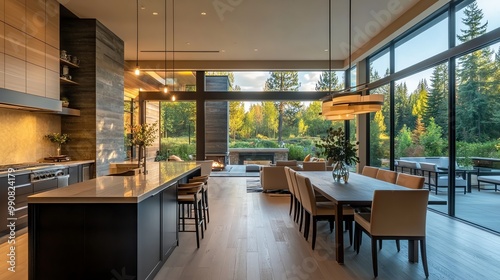 A modern kitchen and dining area with large windows overlooking a lush green landscape.