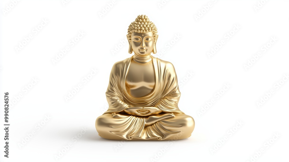 A golden statue of a Buddha sitting in peaceful meditation, bathed in the warm glow of the setting sun, symbolizing tranquility A golden statue of a Buddha sitting in peaceful meditation, bathed in the warm glow of the setting sun, symbolizing tranquility
