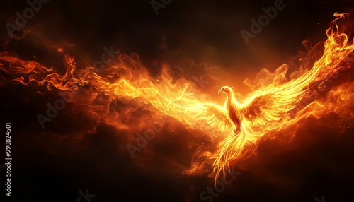 A golden phoenix rising from ashes, its wings outstretched, glowing with life and renewal against a dark, smoky sky