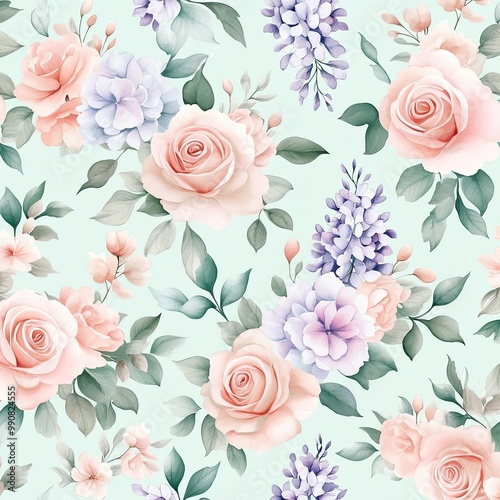 Wallpaper Mural A soft, pastel floral pattern featuring pink roses, lilacs, and greenery on a light mint background. Torontodigital.ca
