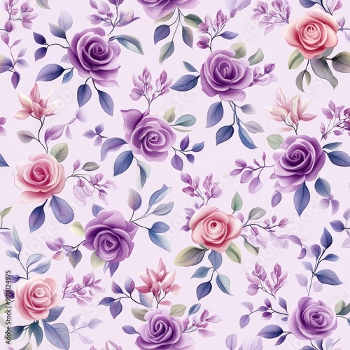 A delicate floral pattern featuring pink and purple roses intertwined with soft green leaves on a light lavender background.