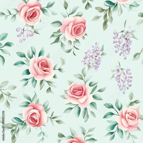 A floral pattern featuring pink roses and lilacs on a soft mint green background.