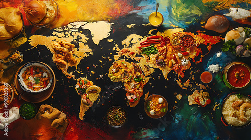 background with a world food map, showcasing different cuisines represented by their respective countries, in a colourful, layout