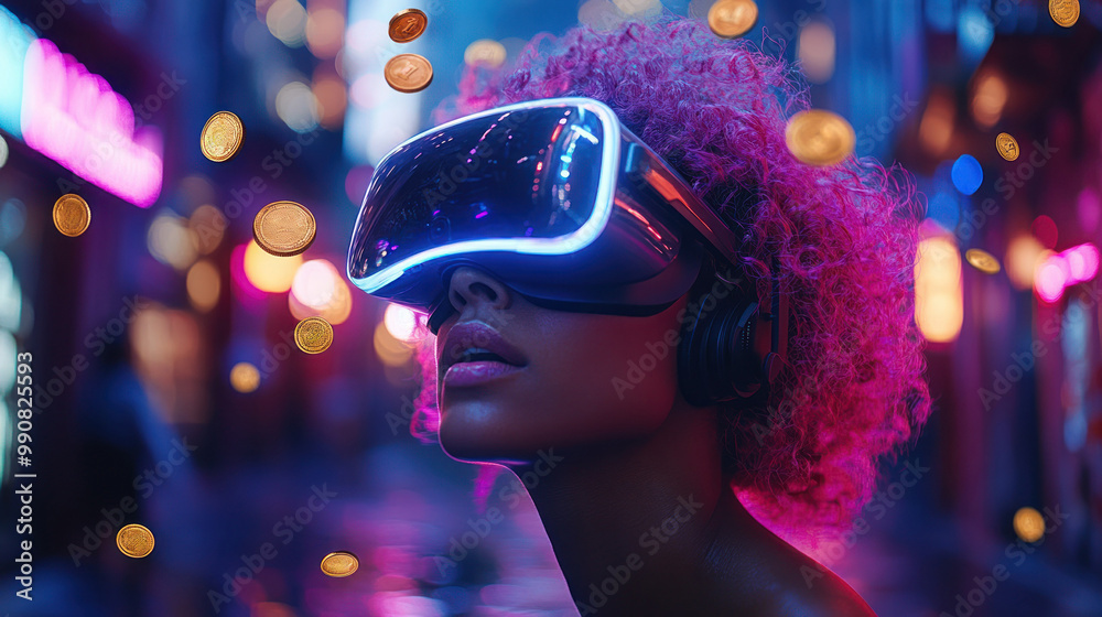 Person with VR Headset in Futuristic Neon-Lit Urban Scene Person with VR Headset in Futuristic Neon-Lit Urban Scene