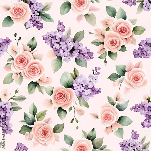 A soft floral pattern featuring pink roses and purple lilacs against a light background, creating a delicate and elegant aesthetic.