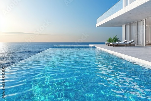 Luxurious infinity pool with turquoise water overlooking the ocean and horizon