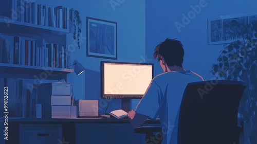 A weary man stares blankly at a book on his desk, surrounded by a computer without a logo. The minimalist room enhances the feeling of despair. photo