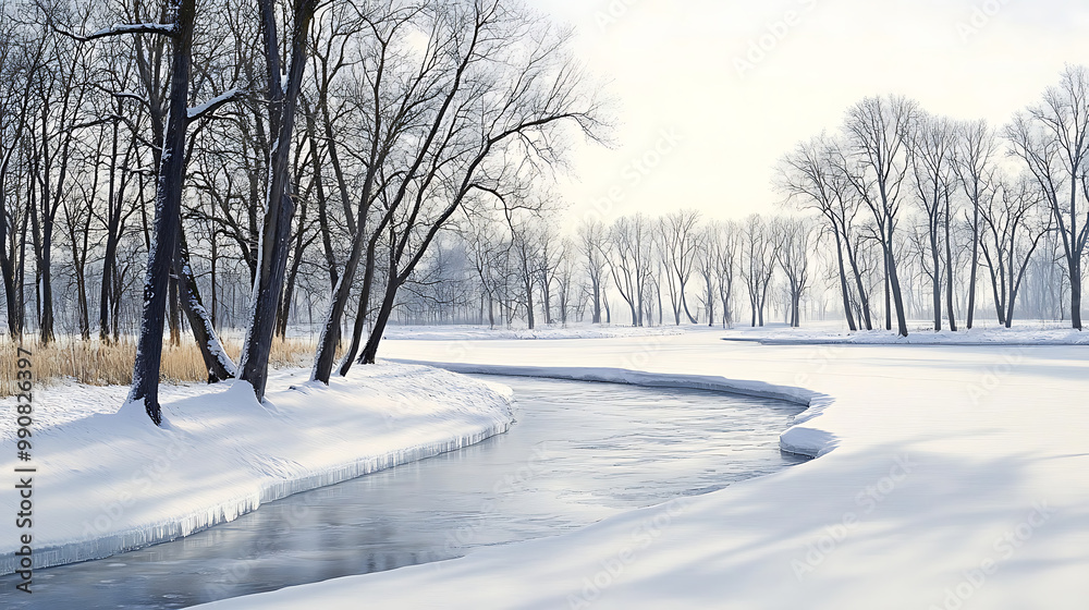 Frozen river winding through a snow-covered landscape, with bare trees lining its banks Frozen river winding through a snow-covered landscape, with bare trees lining its banks