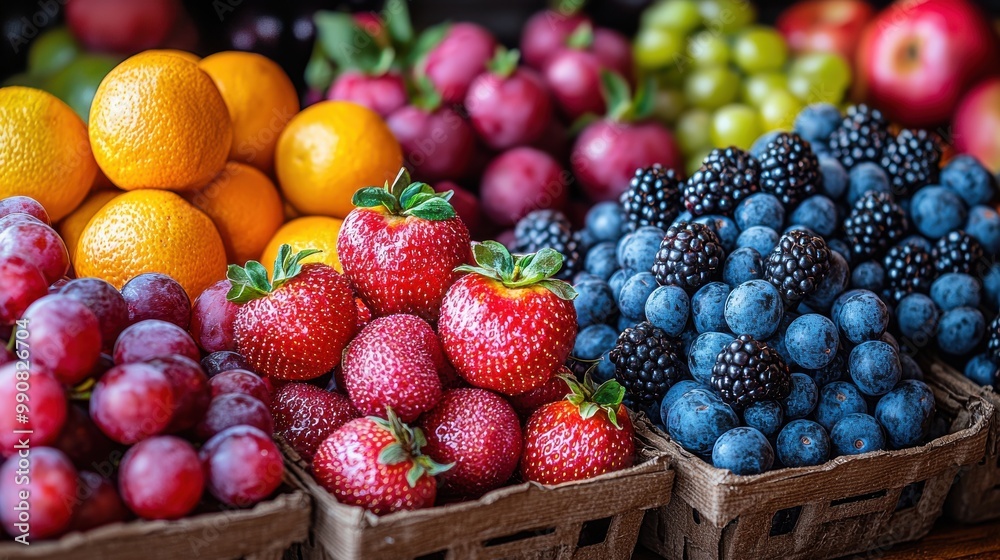 Fresh fruits displayed at a vibrant market with strawberries, blueberries, and oranges during a sunny afternoon Fresh fruits displayed at a vibrant market with strawberries, blueberries, and oranges during a sunny afternoon