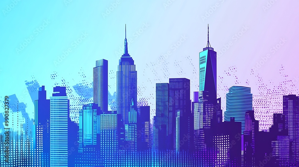 Fototapeta premium Cityscape silhouette with a blue and purple gradient background.