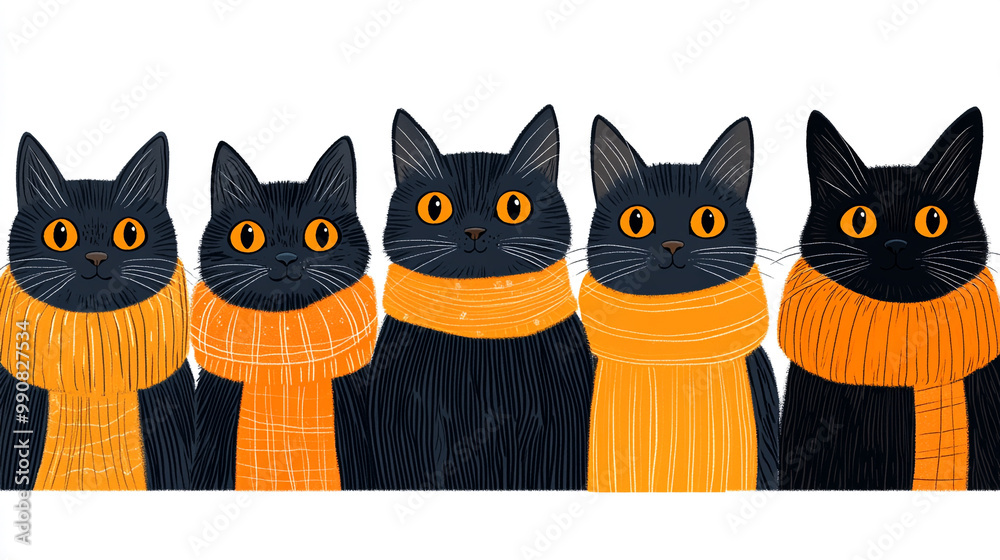 Fototapeta Five charming black cats with bright yellow eyes wearing cozy orange scarves, perfect for autumn-themed decor or pet illustrations.