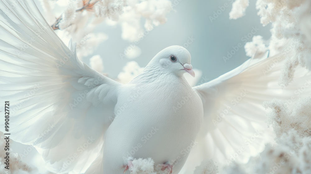 Fototapeta premium Close-up of a white dove with wings gently spread, focus on the head and feathers, symbolizing purity and freedom. No logo, soft tones.