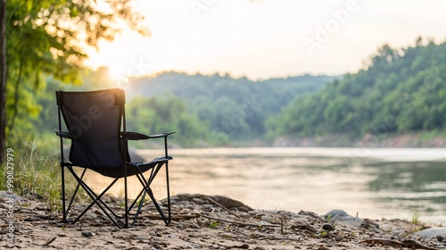 Tranquil Camping Chair in Lush Valley - Peaceful Retreat by Gentle River Surrounded by Natures Beauty for Outdoor Comfort