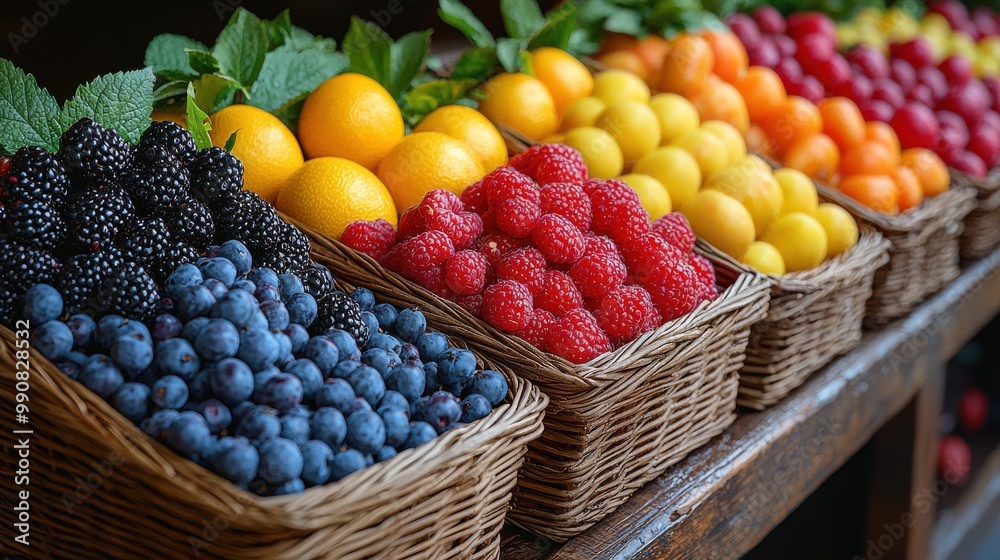 Colorful display of fresh fruits in woven baskets at a local market showcasing seasonal abundance and variety Colorful display of fresh fruits in woven baskets at a local market showcasing seasonal abundance and variety