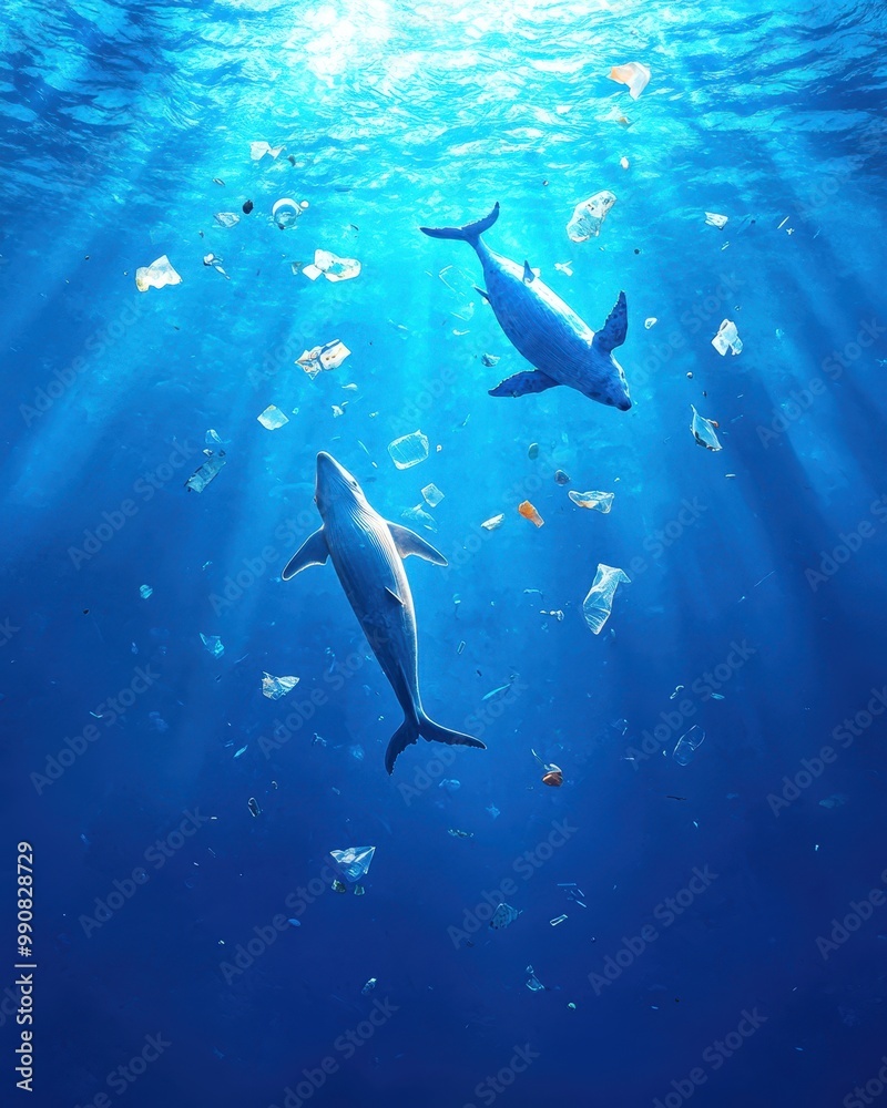 Fototapeta premium Marine Animals Interacting with Microplastic in Ocean Water