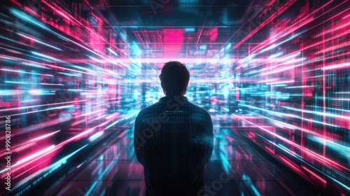 A silhouetted figure stands before a colorful digital display, surrounded by vibrant light trails, embodying a futuristic and tech-inspired atmosphere.