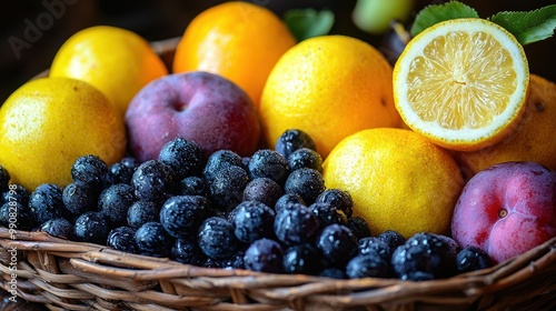 A vibrant mix of oranges, lemons, plums, and blueberries in a wicker basket showcasing fresh fruit at a local market