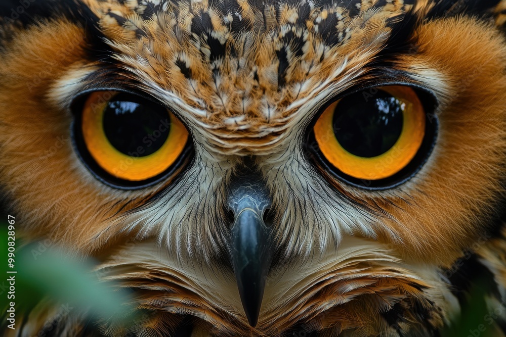 closeup photo of an owl's face with large, scary, perfectly round eyes, a curved beak and brown feathers. closeup photo of an owl's face with large, scary, perfectly round eyes, a curved beak and brown feathers.
