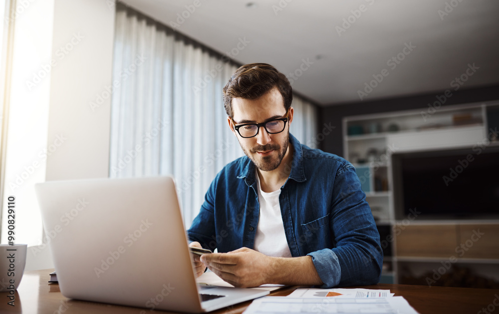 Businessman, laptop and documents for remote work, planning and financial research in home office. Project management, technology and paperwork in house for budget proposal, progress report and kpi Businessman, laptop and documents for remote work, planning and financial research in home office. Project management, technology and paperwork in house for budget proposal, progress report and kpi