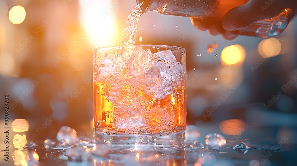 A refreshing beverage splashes into a glass filled with ice.