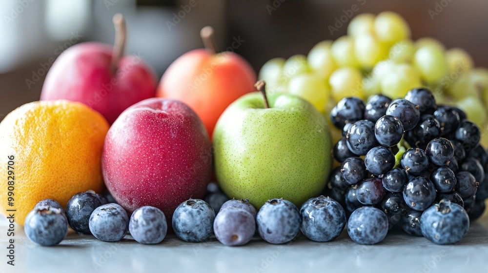 A vibrant display of assorted fruits including apples, grapes, and blueberries on a table in a bright kitchen setting A vibrant display of assorted fruits including apples, grapes, and blueberries on a table in a bright kitchen setting