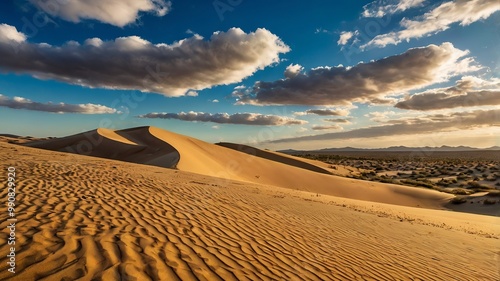 Breathtaking desert scene with golden sand dunes, vibrant vegetation, and dramatic clouds against a bright blue sky. photo