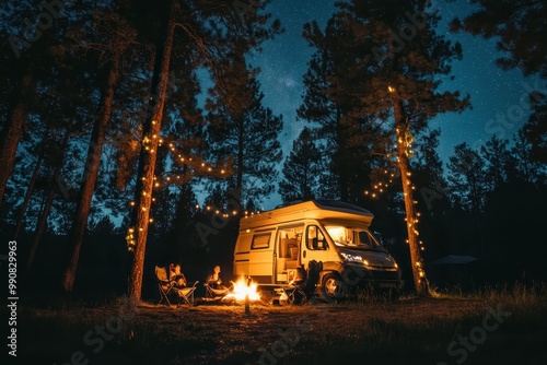 A cozy campsite featuring a camper van, a campfire, and people enjoying nature at night.
