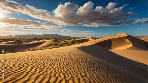 Breathtaking desert scene with golden sand dunes, vibrant vegetation, and dramatic clouds against a bright blue sky. photo