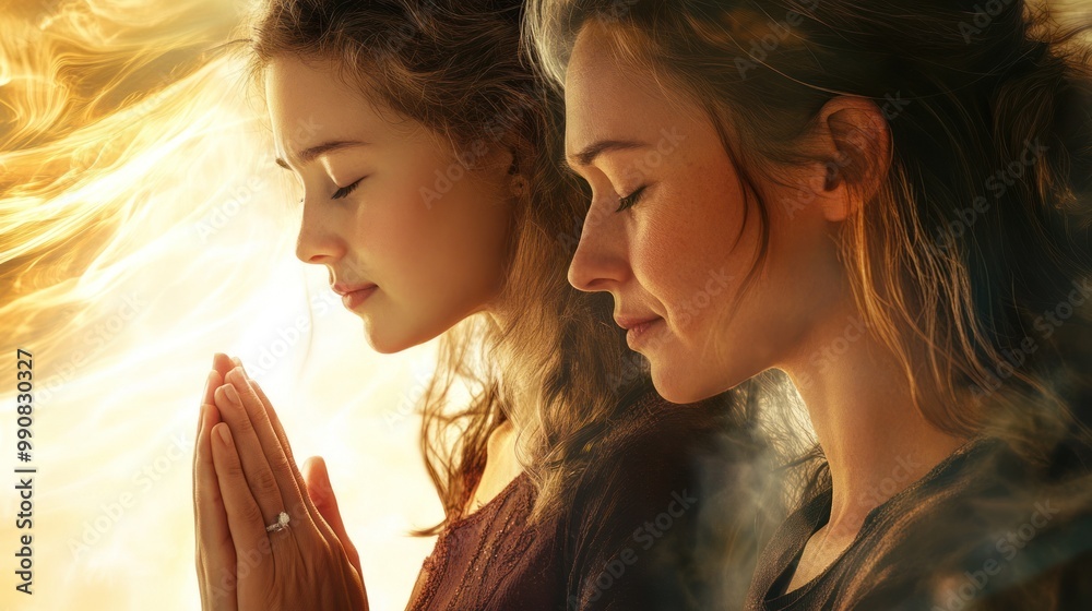 Two women with hands together, surrounded by bright light. Two women with hands together, surrounded by bright light.