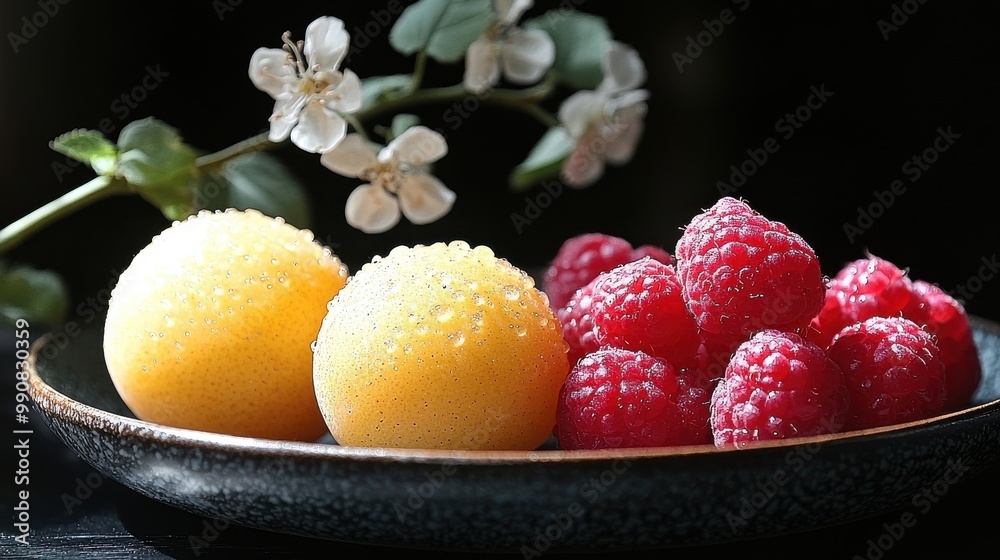 Fresh berries and citrus fruits on a dark plate with a flower arrangement in a cozy kitchen setting Fresh berries and citrus fruits on a dark plate with a flower arrangement in a cozy kitchen setting