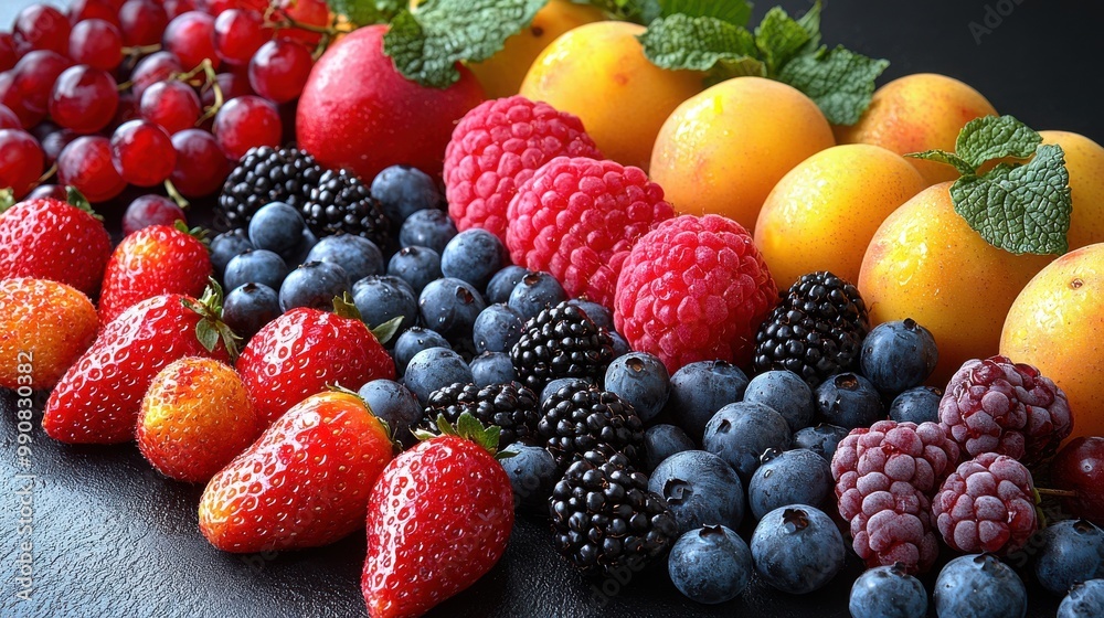 A colorful arrangement of fresh berries and fruits on a dark background showcasing summer's harvest bounty A colorful arrangement of fresh berries and fruits on a dark background showcasing summer's harvest bounty