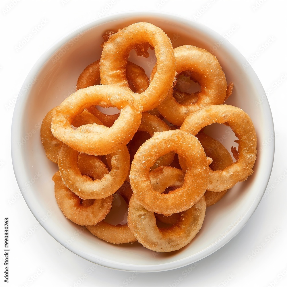 bowl of onion rings on a white background, cut-out. MZ bowl of onion rings on a white background, cut-out. MZ