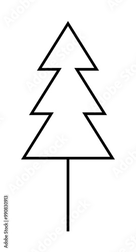 Black outline of a triangular abstract pine tree with a straight trunk. Ideal for holiday decorations, nature illustrations, minimalist designs, educational materials, outdoor themes. Three words min