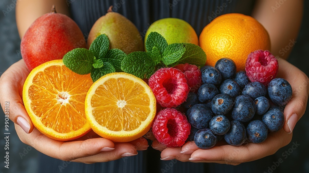 Fresh assortment of vibrant fruits held in hands featuring oranges, raspberries, blueberries, and more against a dark background Fresh assortment of vibrant fruits held in hands featuring oranges, raspberries, blueberries, and more against a dark background