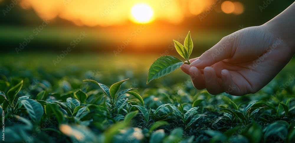 Fototapeta premium Careful Hand Holding Young Plant at Sunrise