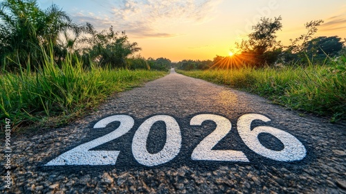 2026 Painted On A Country Road Leading Towards A Sunrise, New Beginnings And Year Concept.