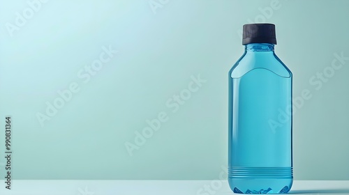 Blue water bottle on a minimalist background with soft lighting.