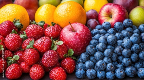 Colorful display of fresh strawberries, blueberries, apples, and oranges arranged beautifully on a market stall during daylight hours