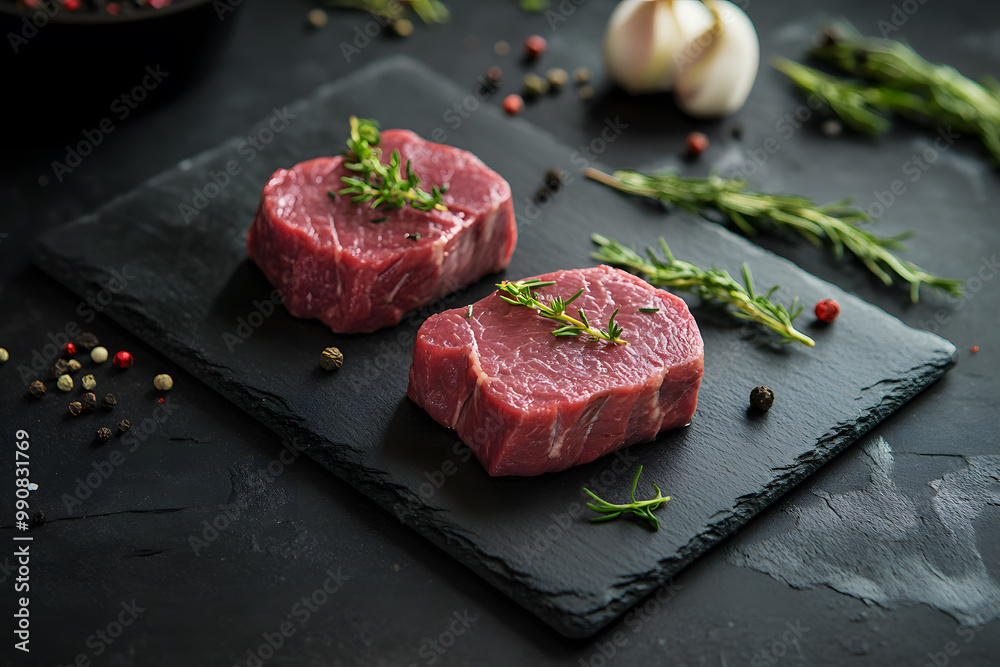 Raw beef steaks with rosemary commercial advertising photo