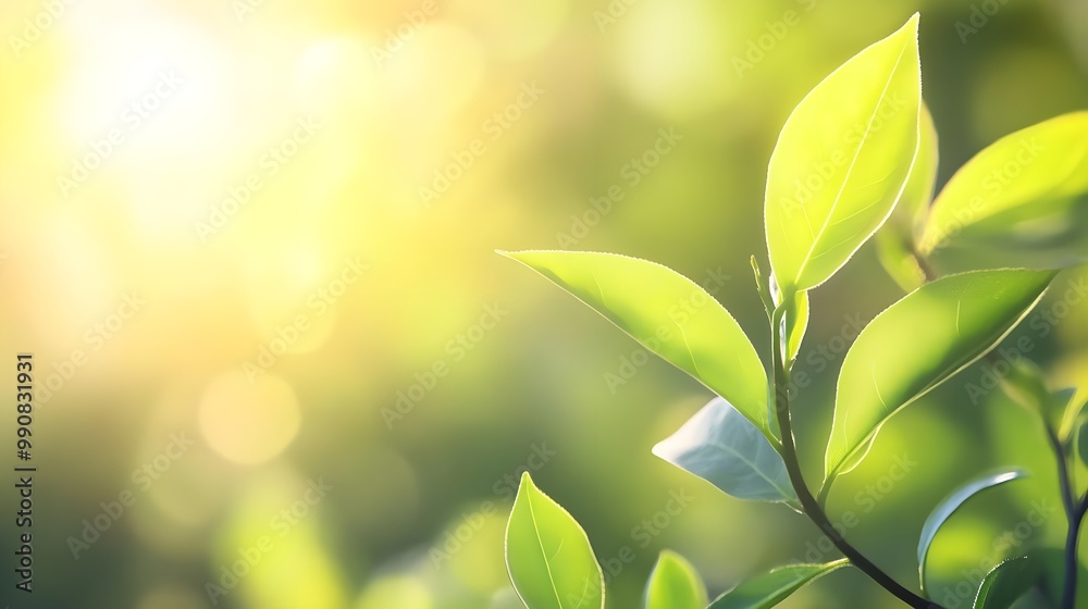 Close-up of fresh green leaves with sunlight in the background. Close-up of fresh green leaves with sunlight in the background.