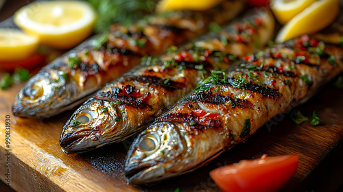 Grilled sardines served with lemon and olive oil on a rustic board