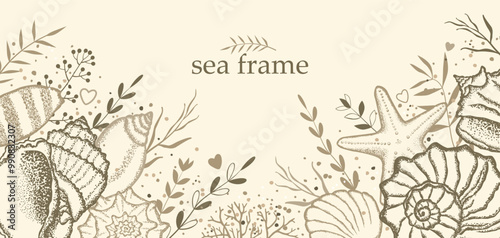 Sea frame with shells and seaweed in beige tones. Decorative elements in a marine style. Template for cards, invitations or other. Vector illustration.