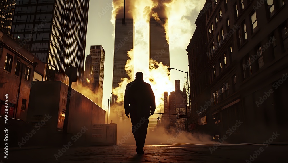 Obraz premium A lone figure walks through the smoke and haze of a city street, with towering skyscrapers in the background.